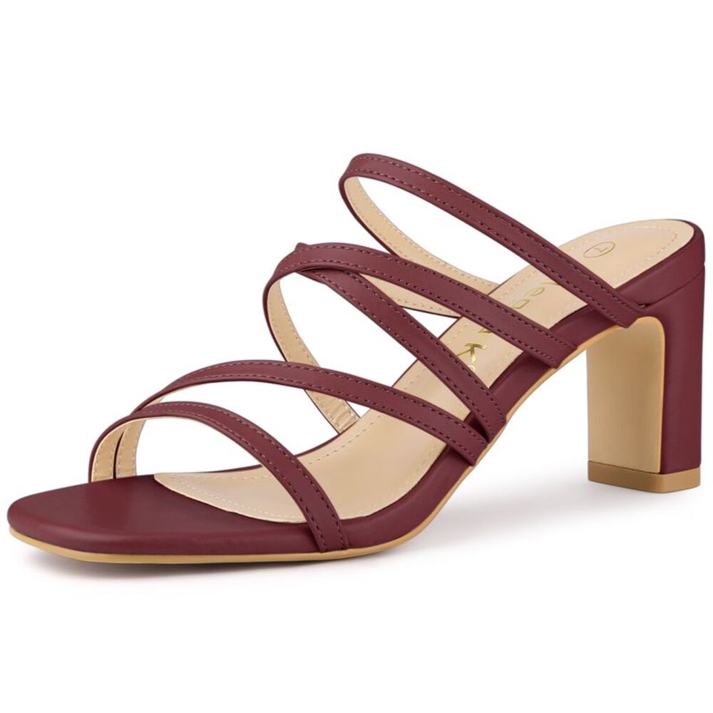 Slip-On Crisscross Strap Block Heels Burgundy Sandals